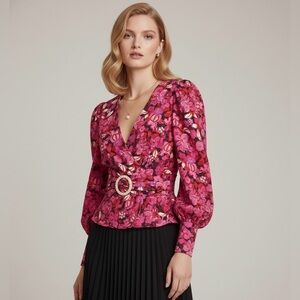 Rebecca Vallance Bramble Floral Faux-Wrap Silk Top US 4 NWOT